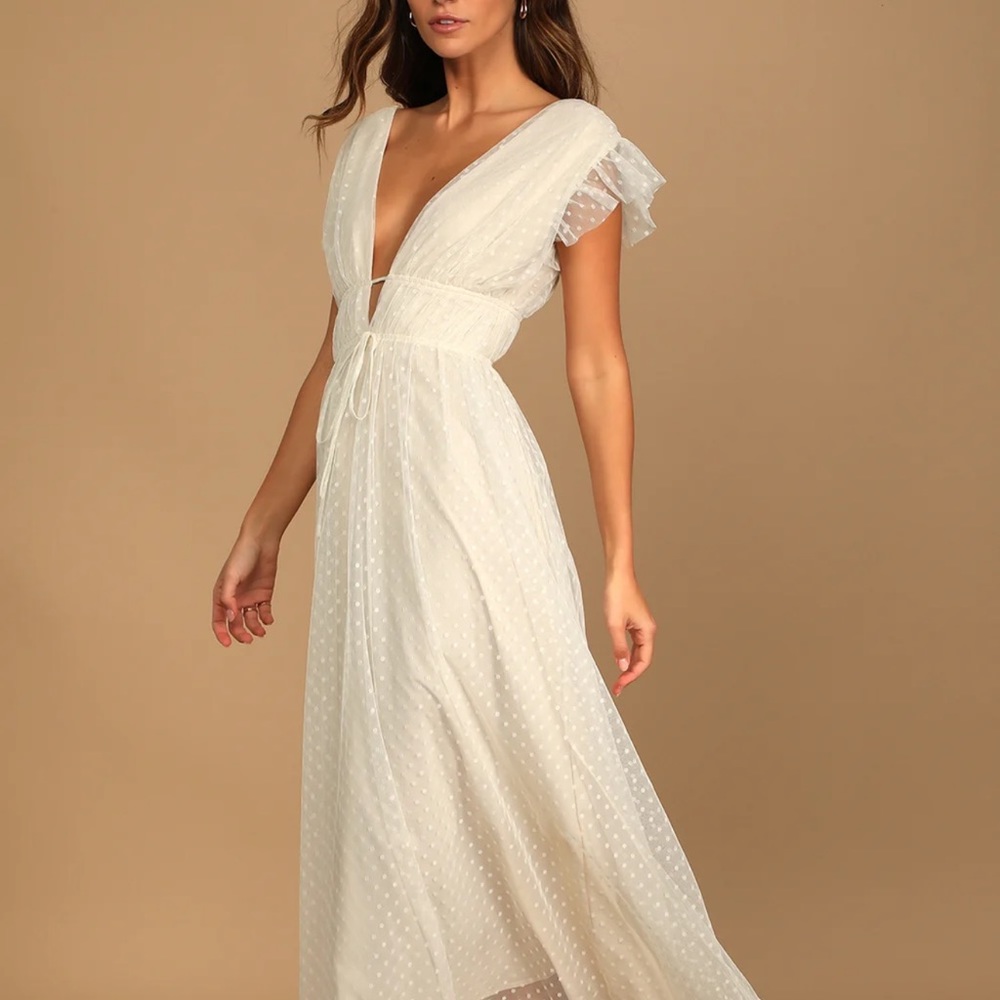 Yours Evermore Cream Swiss Dot Ruffled Midi Dress